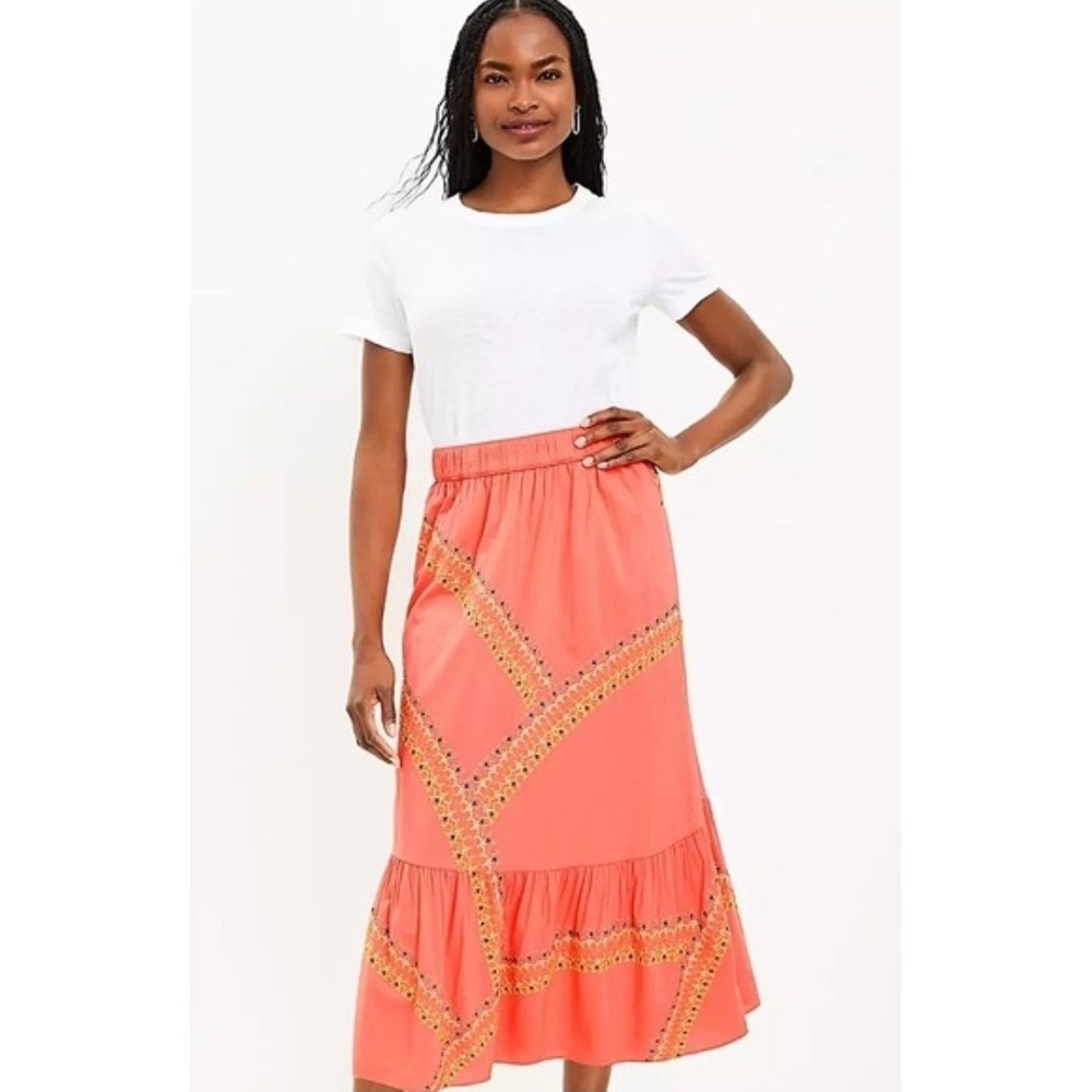 Loft Embroidered Boho Teacher Cottagecore Tiered Midi Skirt Paradise Peach Sz L